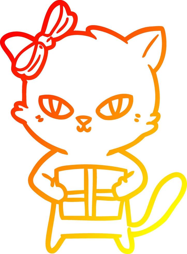 warm gradient line drawing cute cartoon cat with present vector