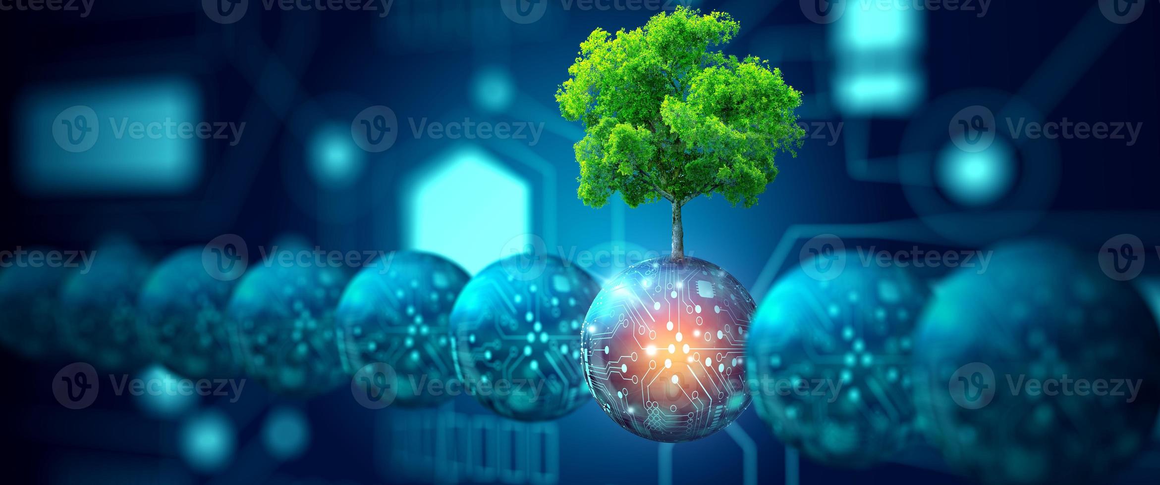 Digital ball with tree against nature. Ecology, Energy, and Environment Concept. photo