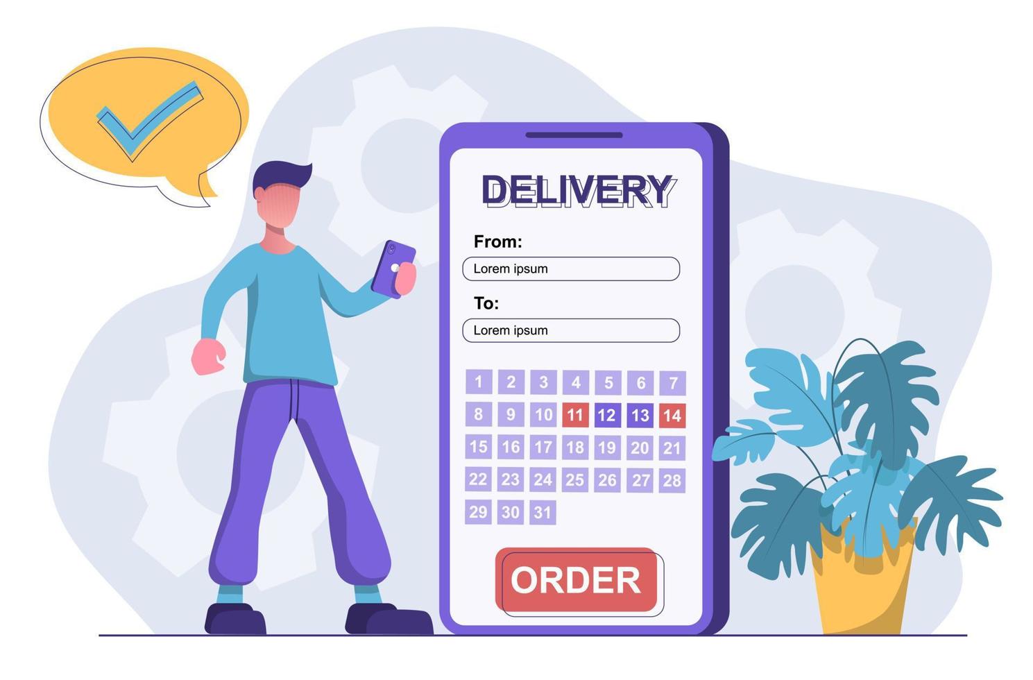 Delivery Service. A man makes a delivery via a mobile app vector