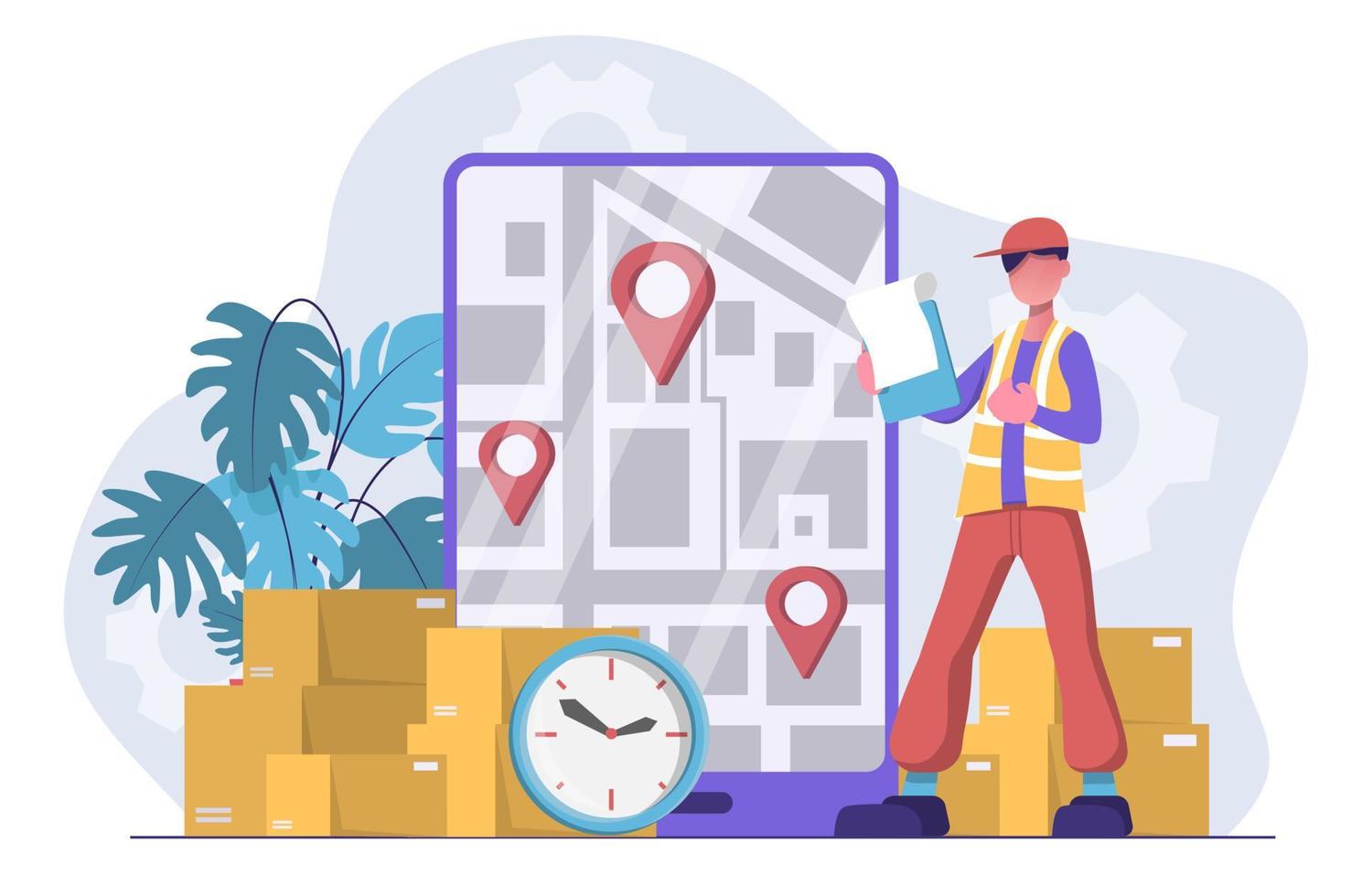 Delivery Service. Courier makes a route to send parcels on the map vector
