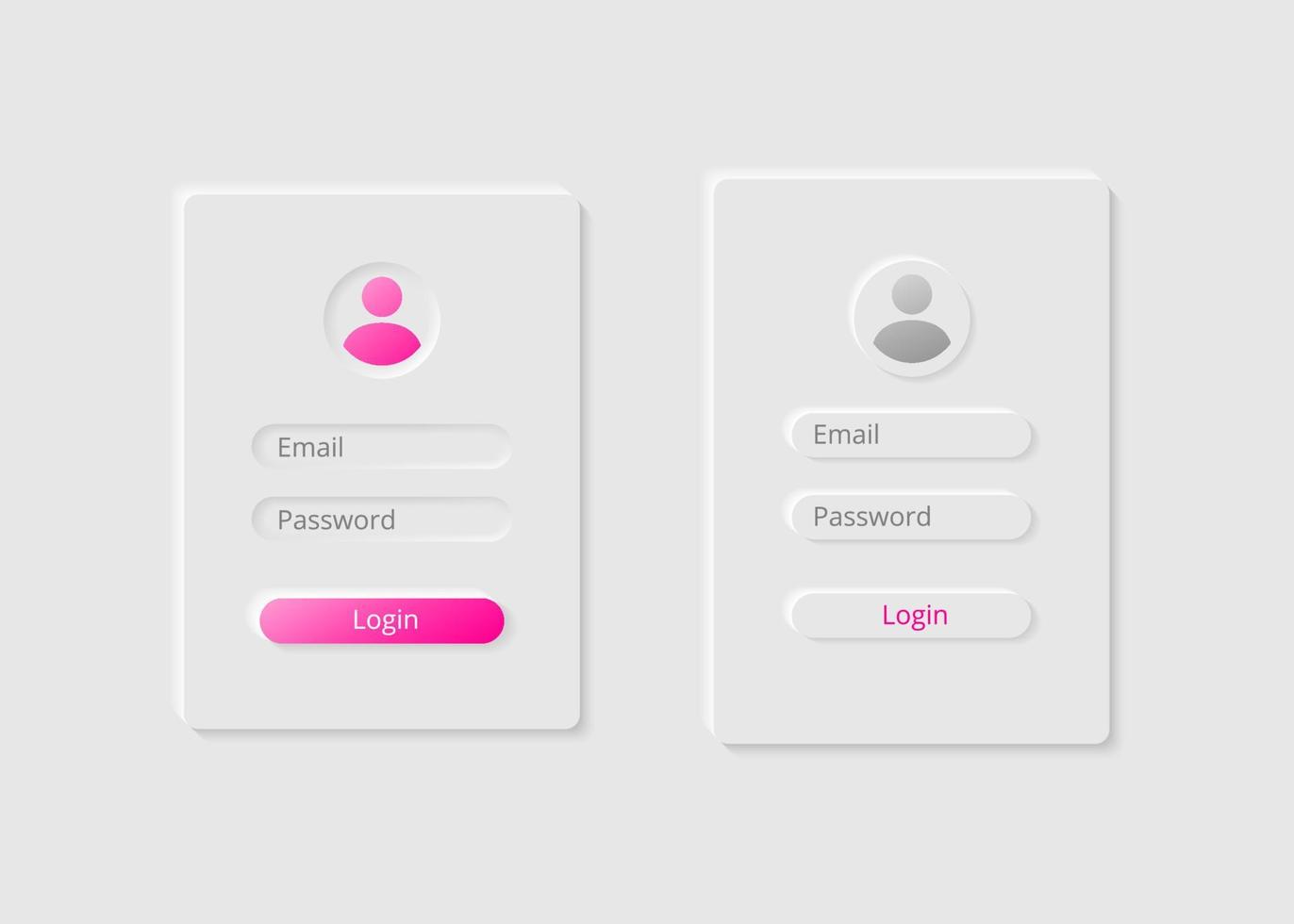 White simple interface design vector. Sign up and log in user page. Create account form. Login and password form. Minimalism stile buttons or icons. Neumorphism UI UX design elements vector