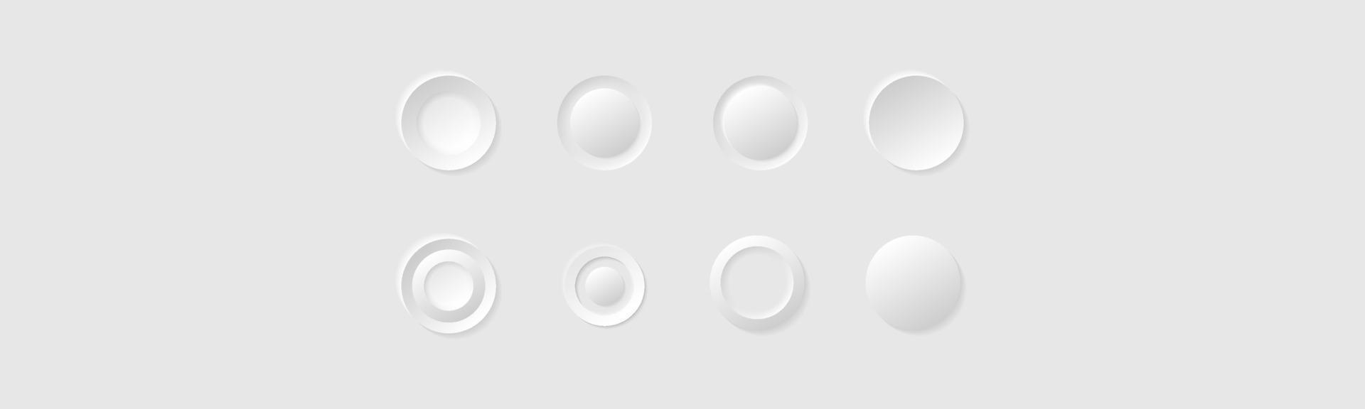 Minimalism style white circle buttons or icons. Neumorphism style elements vector set. Modern website or mobile app design. Neumorphic UI UX design collection