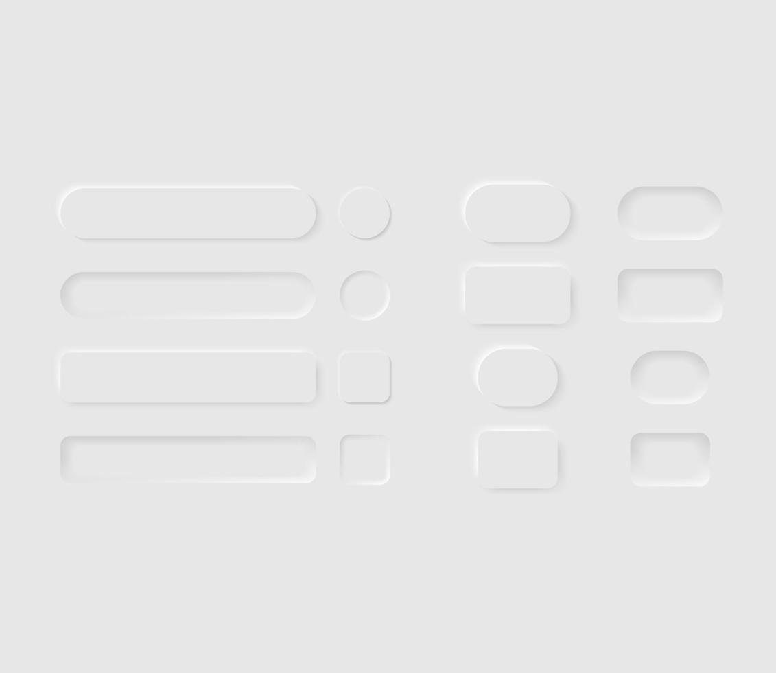 3D white vector web buttons and ui sliders. Neumorphic UI UX realistic user interface elements. Sliders for websites, mobile menu, navigation and apps. Neumorphism minimalism style