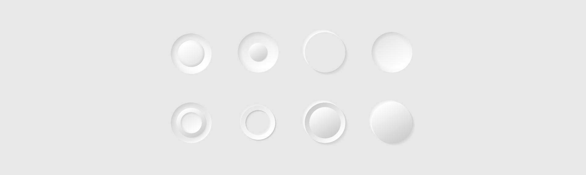 Minimalism style white circle buttons or icons. Neumorphism style elements vector set. Modern website or mobile app design. Neumorphic UI UX design collection