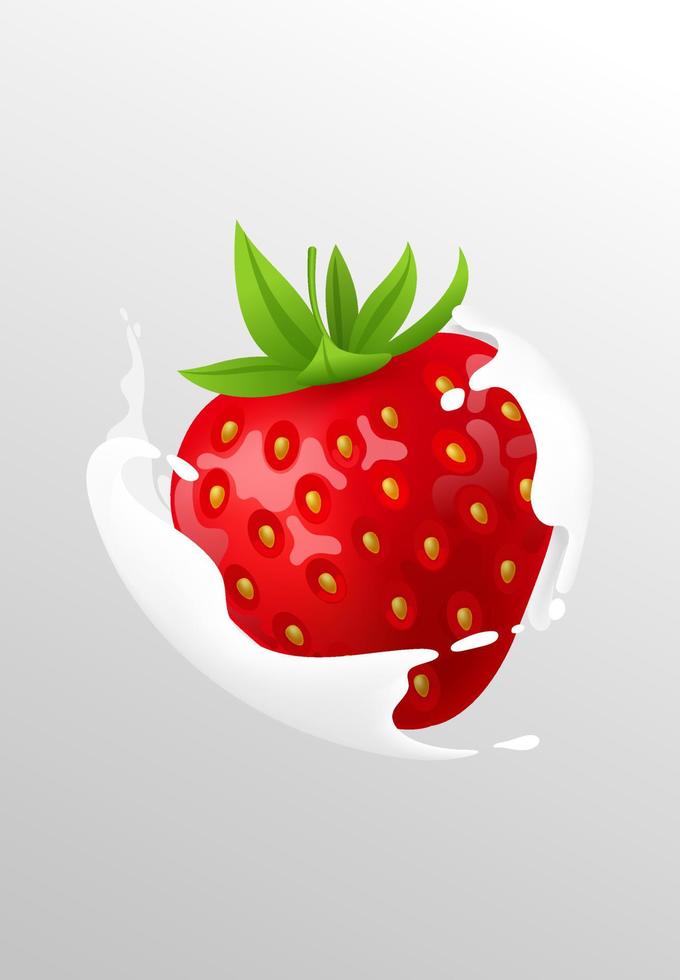 fresa entera. baya suave madura roja fresca con líquido de leche salpicado y vertido, yogur que fluye o gotas de salpicadura de crema. diseño de ilustración vectorial 3d realista. comida sana, fruta dulce. vector