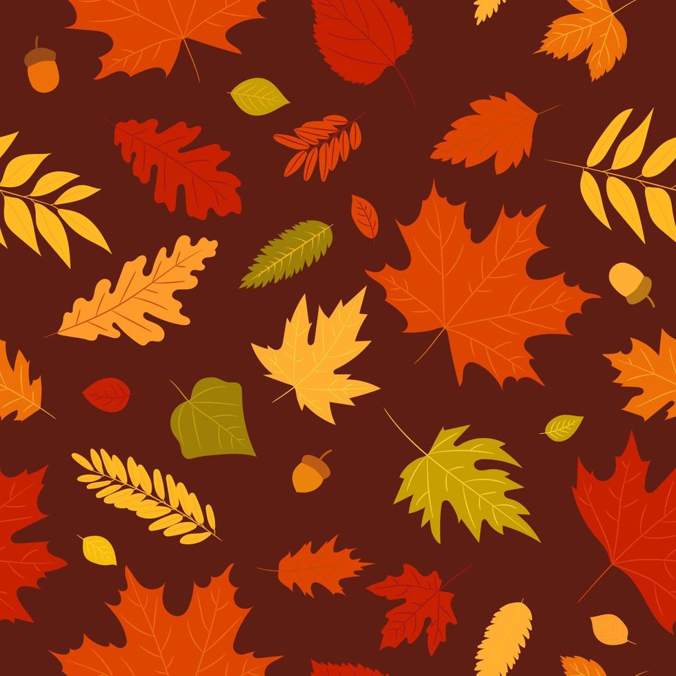 Seamless pattern autumn leaves of a maple, oak, birch tree. Fall yellow, orange, red leaf texture on the brown background. Foliage backdrop design for autumn sale, template for banner or textile. vector