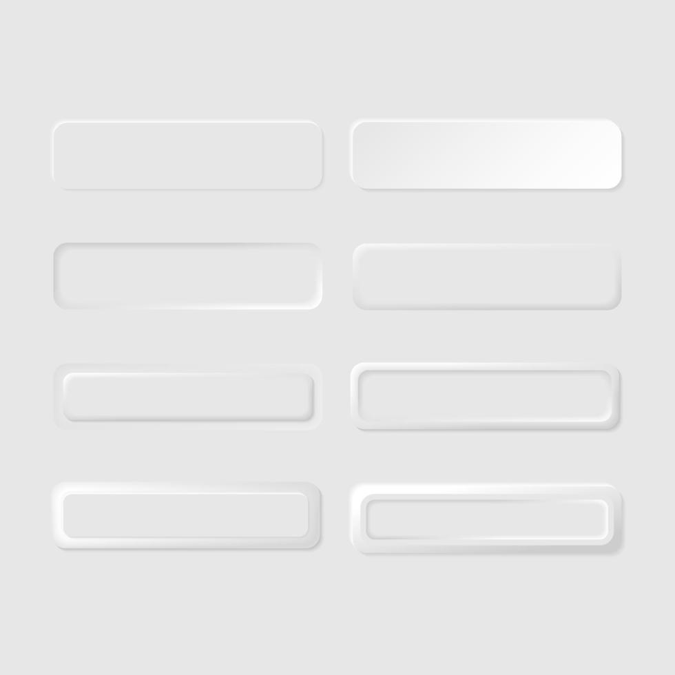 botones de web de vector blanco 3d rectángulo. ui ux elementos de interfaz de usuario realistas. controles deslizantes para sitios web, menú móvil, navegación y aplicaciones. estilo minimalista de neumorfismo