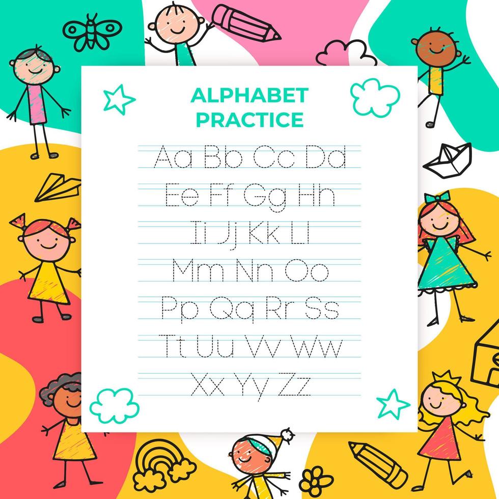 Alphabet letters tracing sheet with all letters of the alphabet. Kids worksheet with alphabet letters. Basic writing practice for kindergarten children vector illustration learning