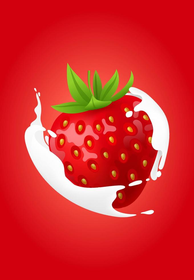 Whole strawberry. Fresh red ripe soft berry with milk liquid splash and pour, flowing yogurt or cream splatter drops. Realistic 3D vector illustration. Healthy food, sweet fruit. On red background