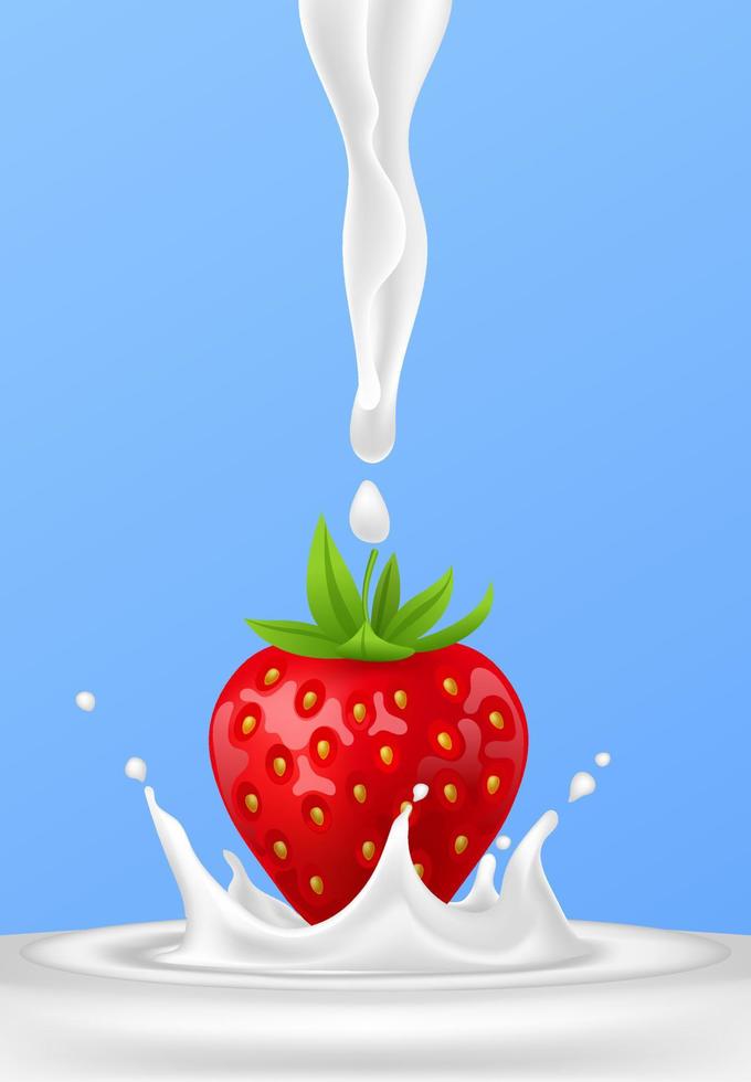 Whole strawberry. Fresh red ripe soft berry with milk liquid splash and pour, flowing yogurt or cream splatter drops. Realistic 3D vector illustration. Healthy food, sweet fruit. On blue background