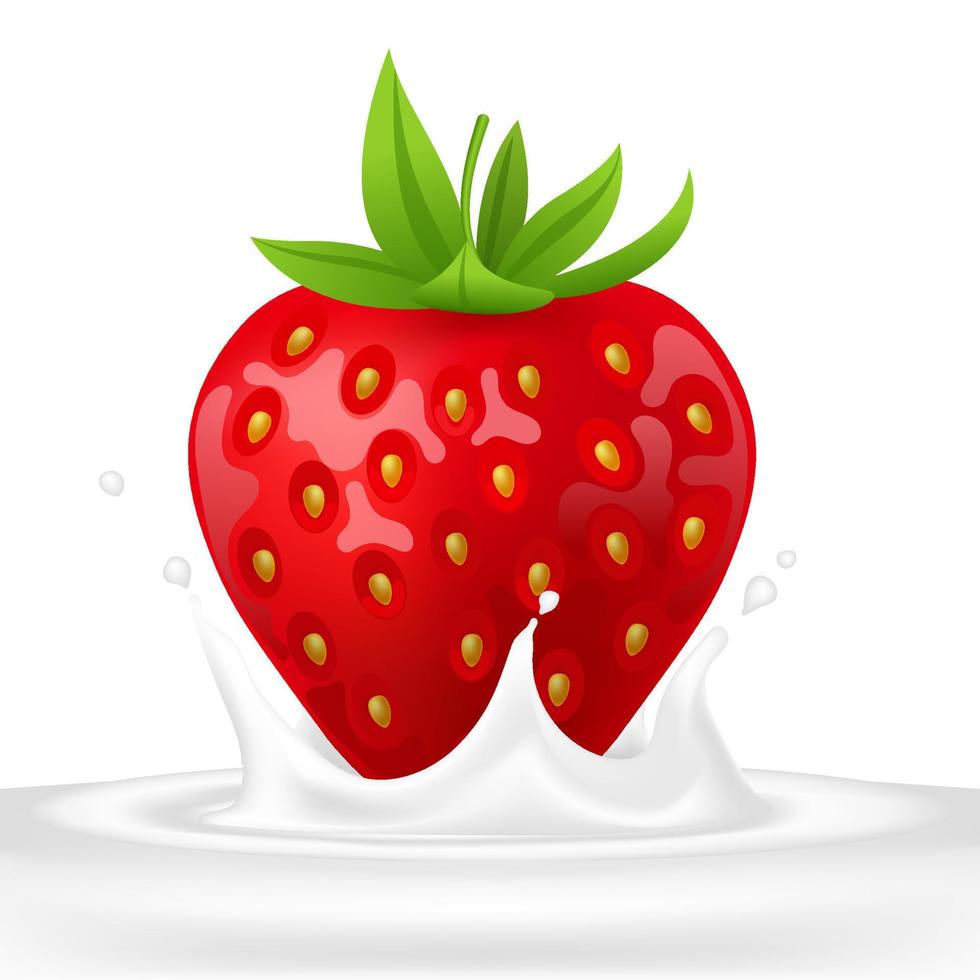 fresa entera. baya suave madura roja fresca con líquido de leche salpicado y vertido, yogur que fluye o gotas de salpicadura de crema. diseño de ilustración vectorial 3d realista. comida sana, fruta dulce. vector