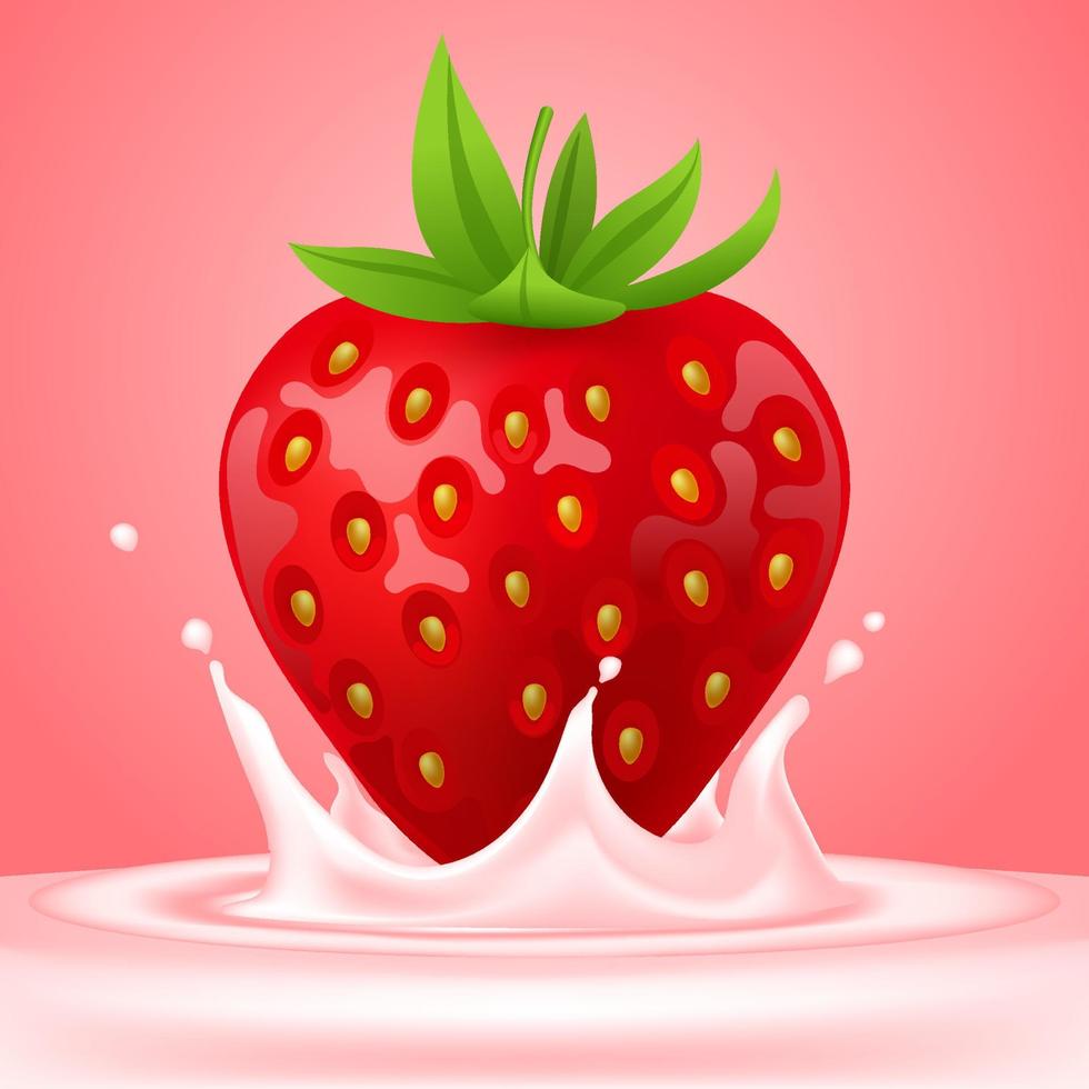 fresa entera. baya suave madura roja fresca con líquido de leche salpicado y vertido, yogur que fluye o gotas de salpicadura de crema. ilustración vectorial 3d realista. comida sana, fruta dulce. sobre fondo rosa vector