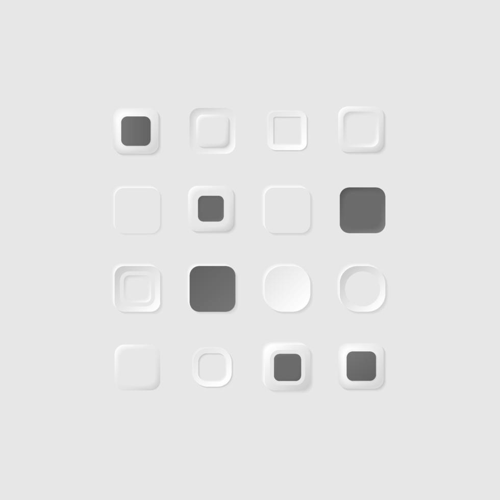 botones cuadrados neumórficos. formas geométricas blancas en un moderno estilo 3d suave con sombra. diseño de tendencia de neumorfismo moderno de geometría de elementos web. diseño vectorial minimalista vector