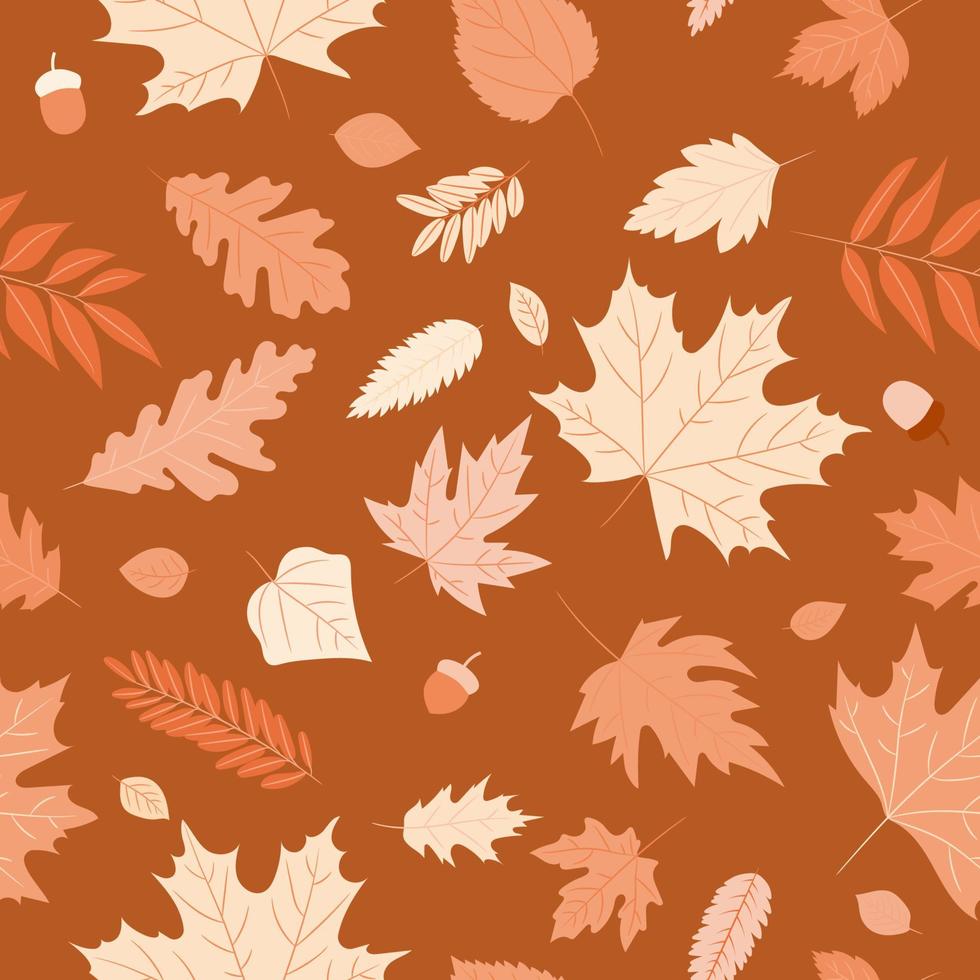 Seamless pattern autumn leaves of a maple, oak, birch tree. Fall yellow, orange, red leaf texture on the brown background. Foliage backdrop design for autumn sale, template for banner or textile. vector