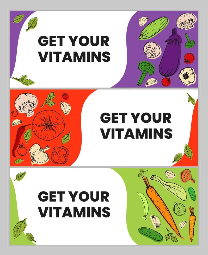 Vegetable banner set. Harvest and Thanksgiving healthy food collection  vegetables for restaurants, menus, posters and grocery packages onion, peppers, eggplant, carrots, tomato. Vitamins A B C D E K vector