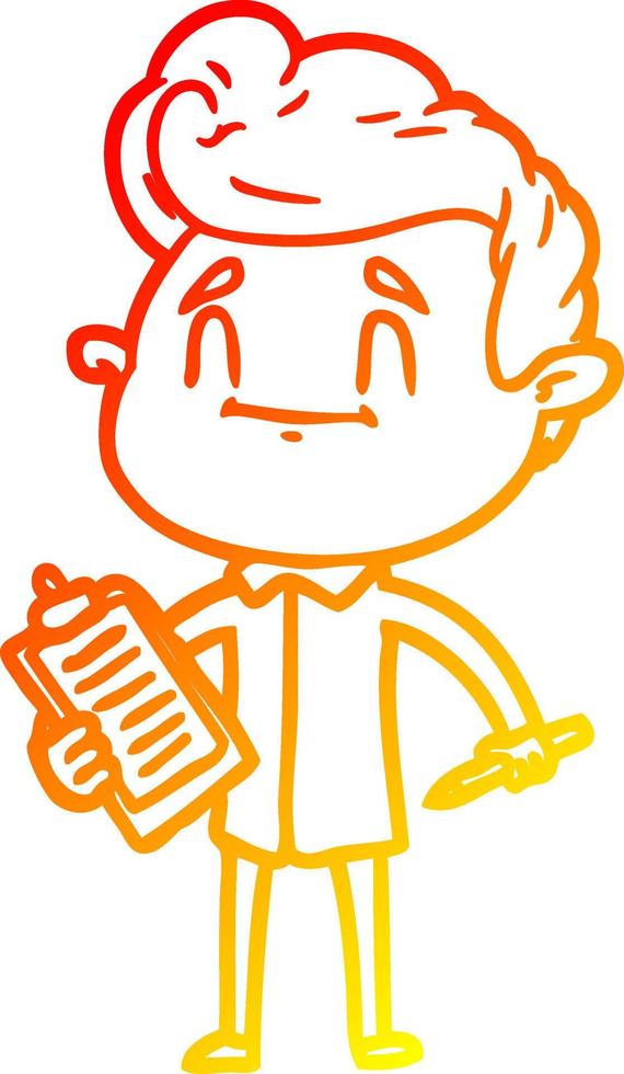 warm gradient line drawing happy cartoon man with pen and clipboard vector