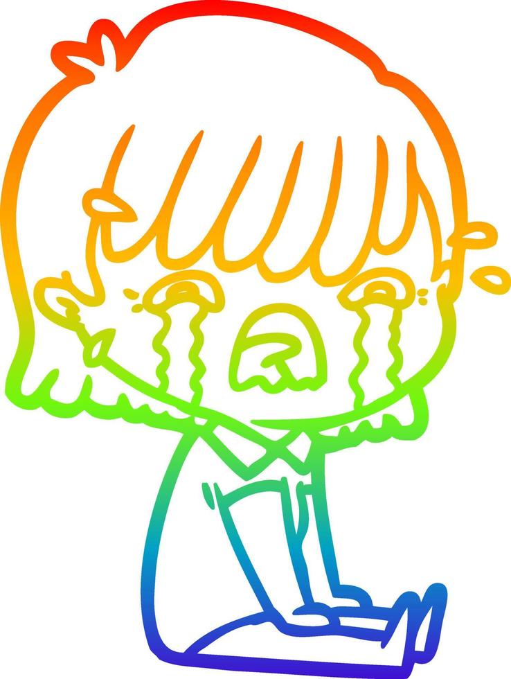 rainbow gradient line drawing cartoon girl crying vector