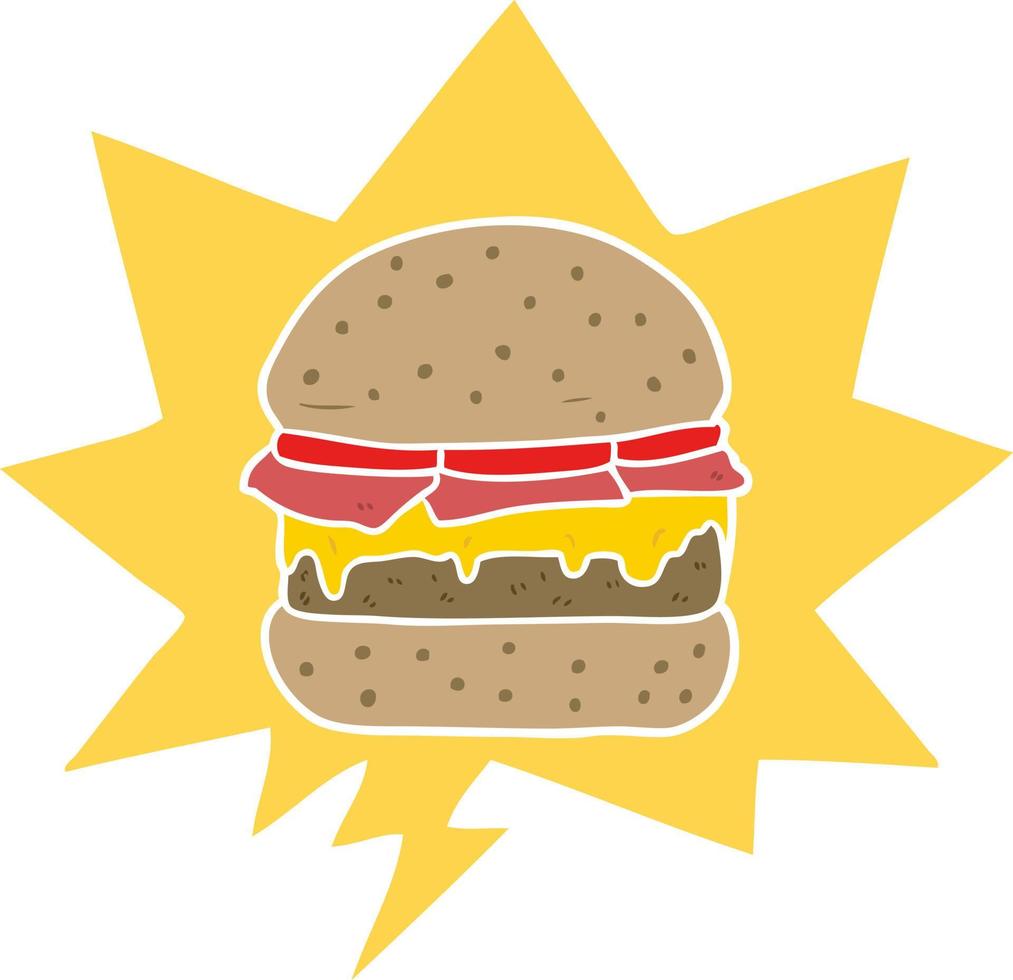 cartoon stacked burger and speech bubble in retro style vector