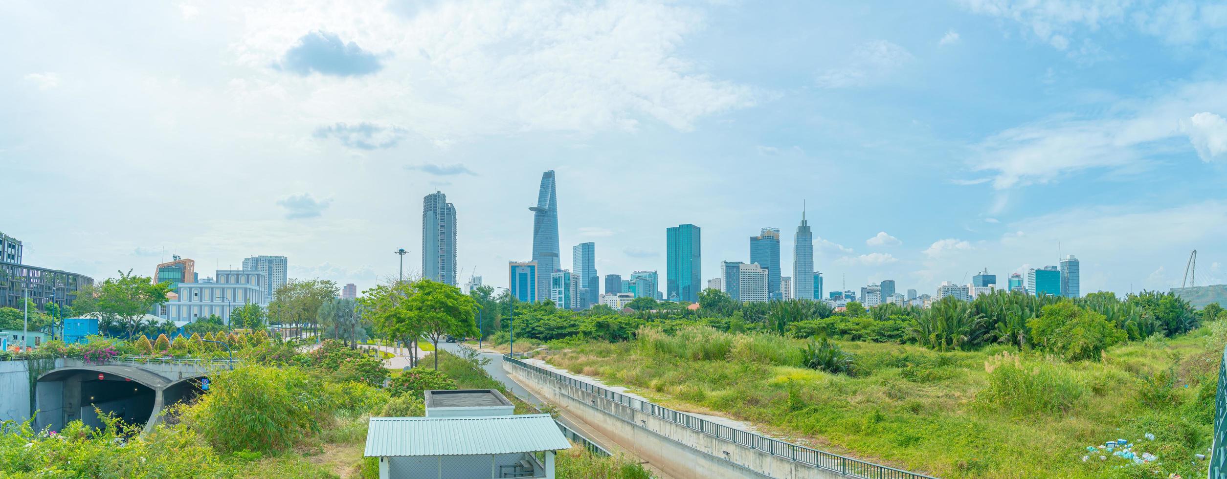 Ho Chi Minh city, Vietnam - FEB 12 2022 Beautiful landscape sunset of Ho Chi Minh city or Sai Gon, Vietnam. Bitexco Financial Tower and skyscraper buildings. Business and landscape concept. photo