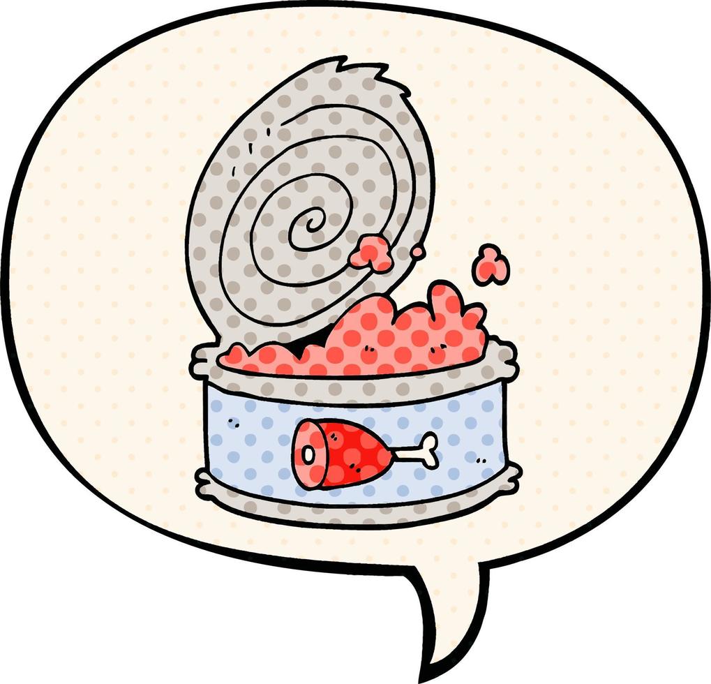 cartoon canned food and speech bubble in comic book style vector