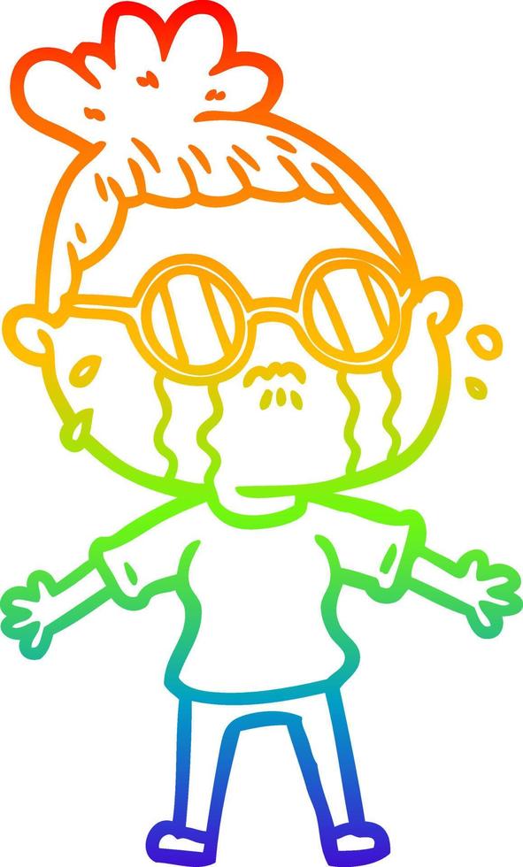rainbow gradient line drawing cartoon crying woman wearing spectacles vector