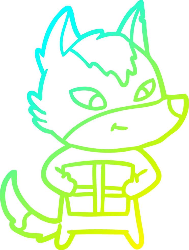 cold gradient line drawing friendly cartoon wolf with gift vector