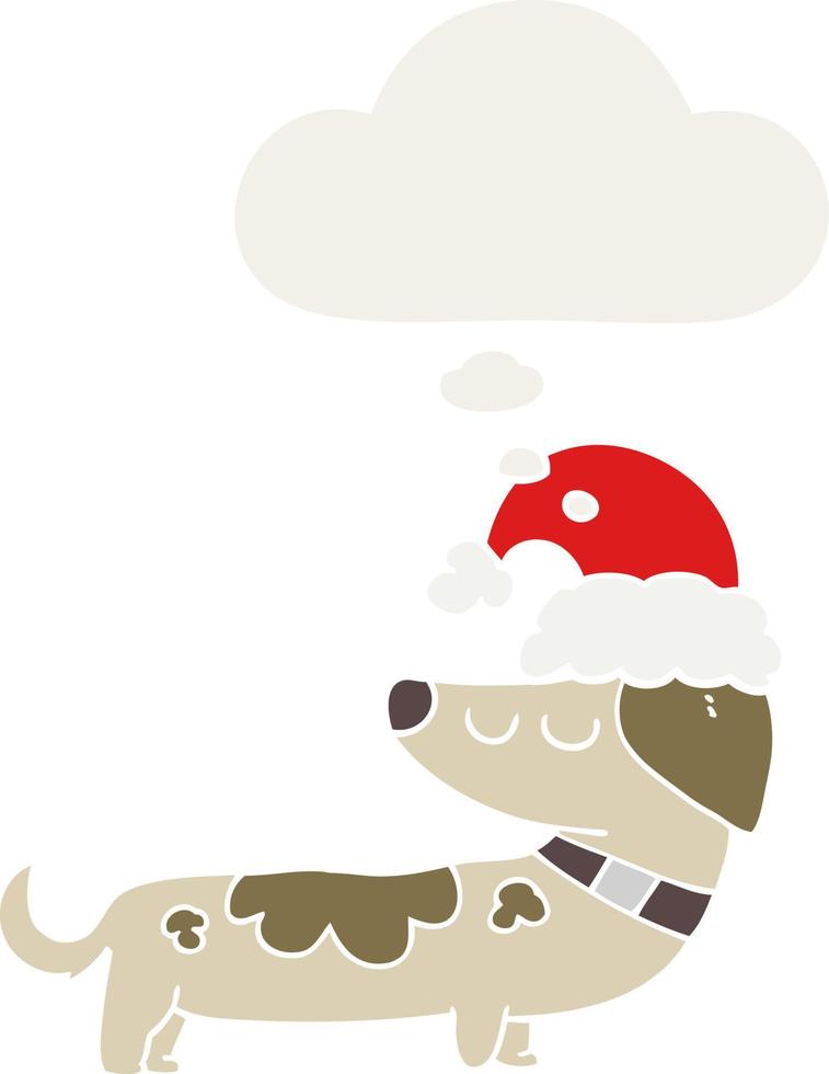 perro de dibujos animados con sombrero de navidad y burbuja de pensamiento en estilo retro vector