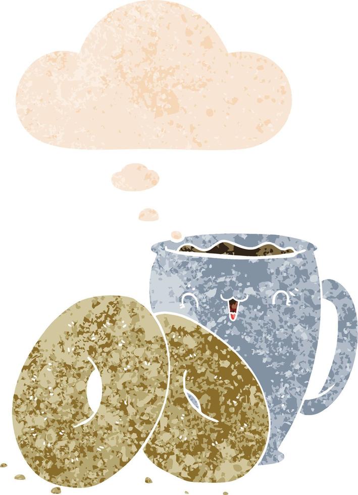 cartoon coffee and donuts and thought bubble in retro textured style vector