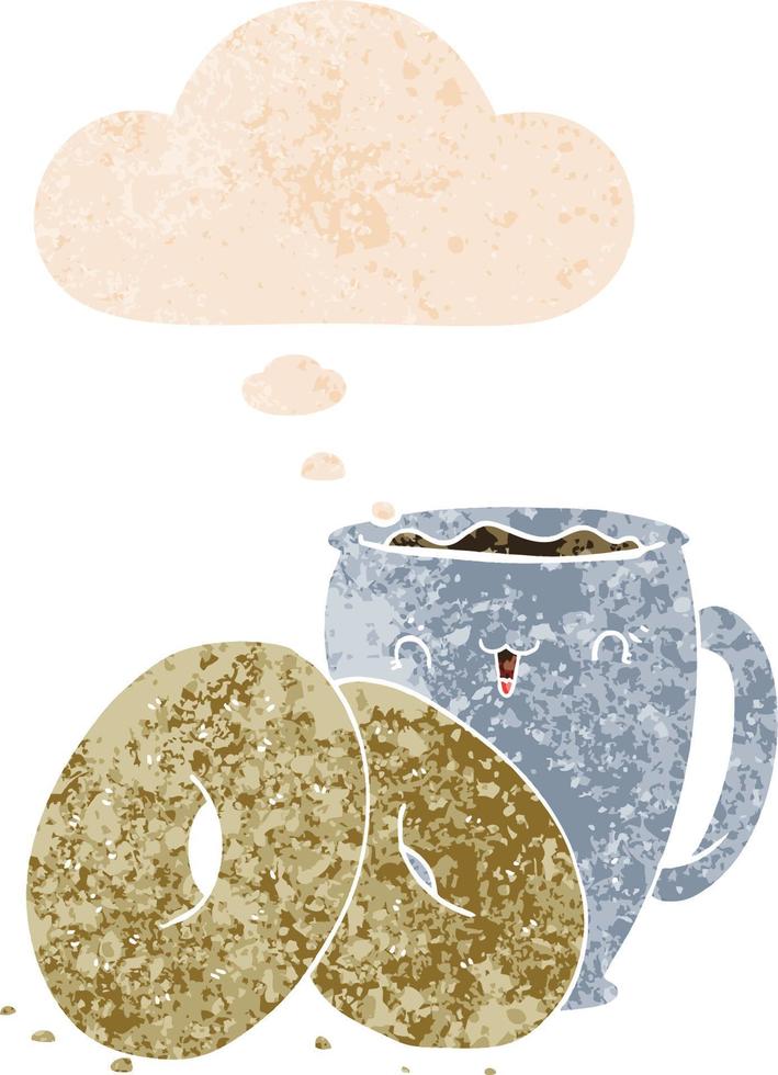 café de dibujos animados y donuts y burbujas de pensamiento en estilo retro texturizado vector