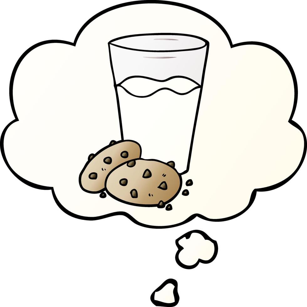cartoon cookies and milk and thought bubble in smooth gradient style vector