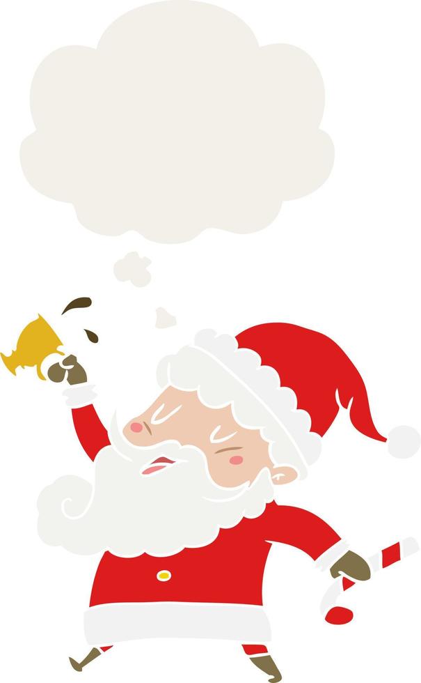 cartoon santa claus with hot cocoa and thought bubble in retro style vector