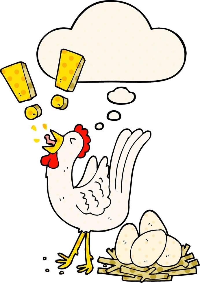 cartoon chicken laying egg and thought bubble in comic book style vector