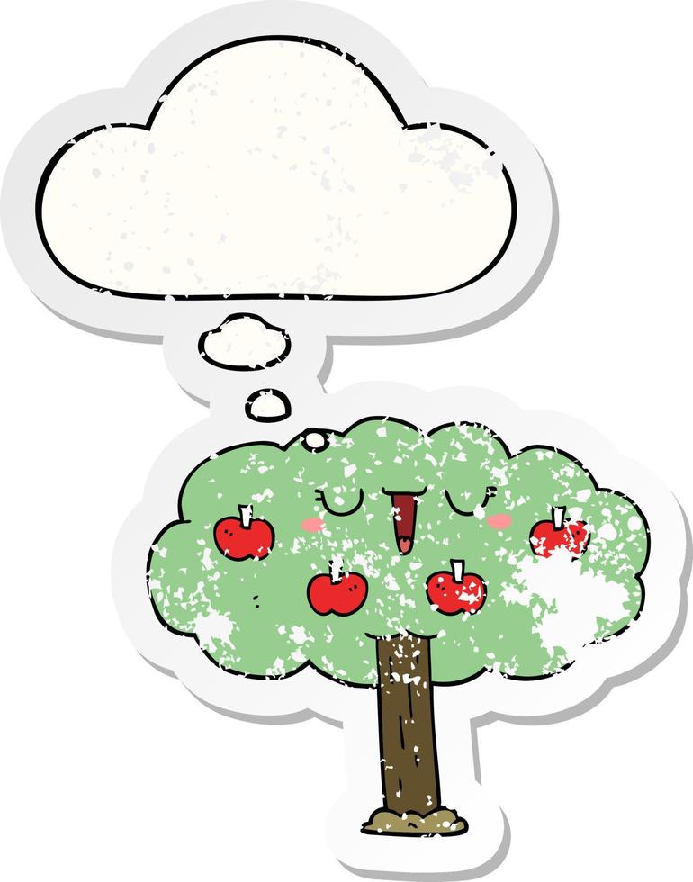 cartoon apple tree and thought bubble as a distressed worn sticker vector