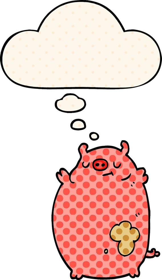 cartoon fat pig and thought bubble in comic book style vector