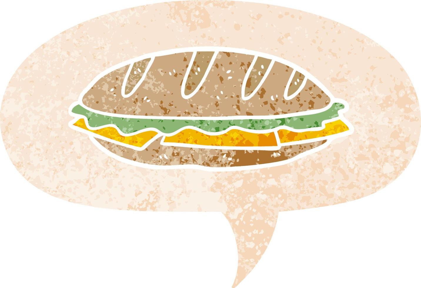 sándwich de queso de dibujos animados y burbuja de habla en estilo retro texturizado vector