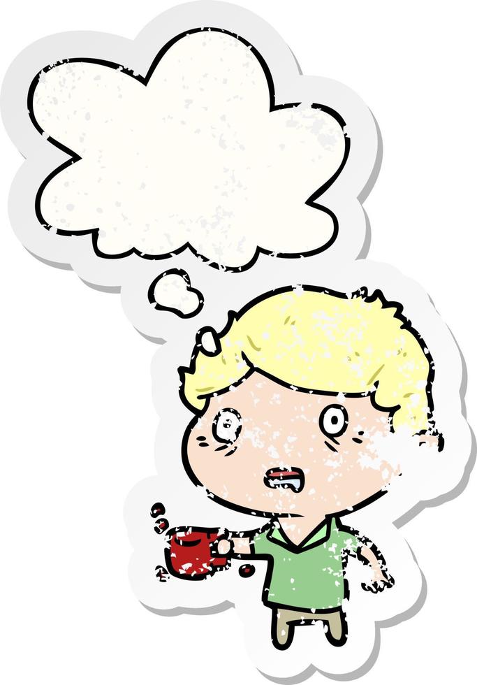 cartoon man with cup of coffee and thought bubble as a distressed worn sticker vector