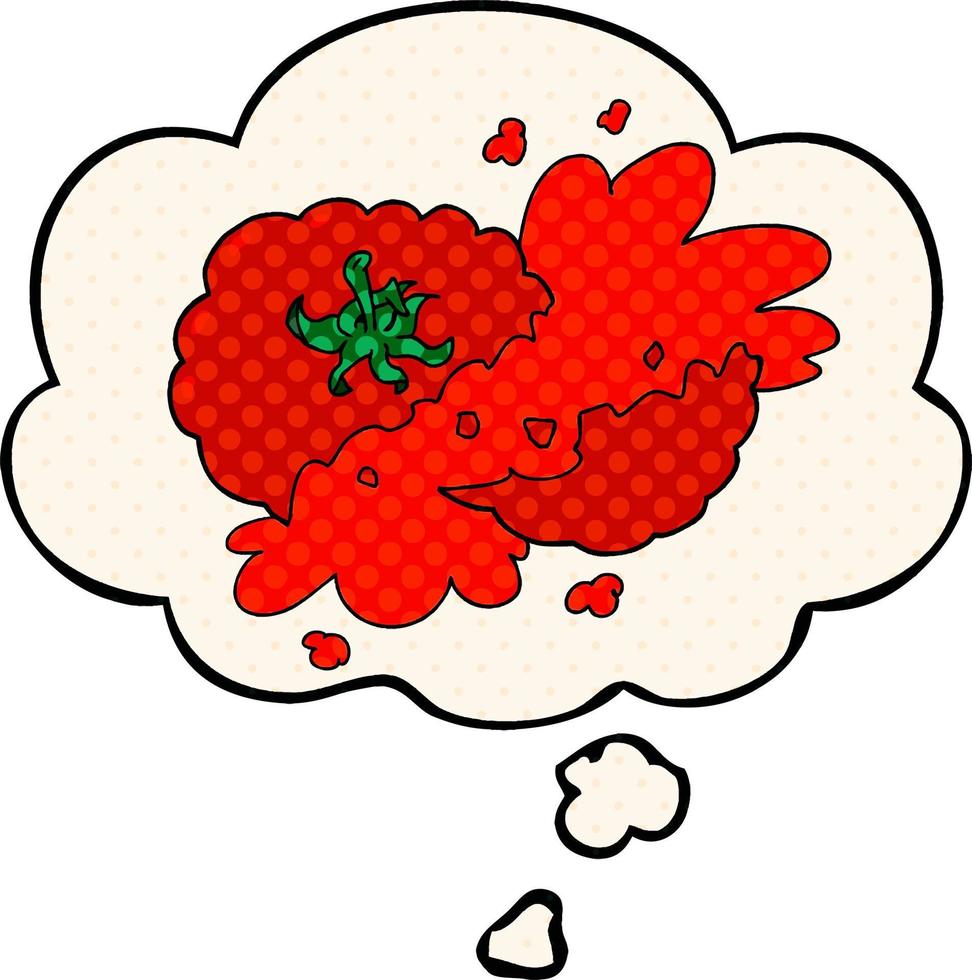 cartoon squashed tomato and thought bubble in comic book style vector