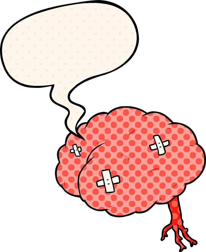 cartoon injured brain and speech bubble in comic book style vector
