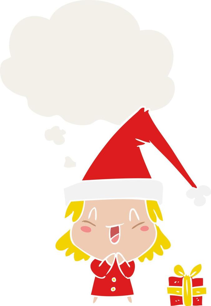 cartoon girl wearing christmas hat and thought bubble in retro style vector