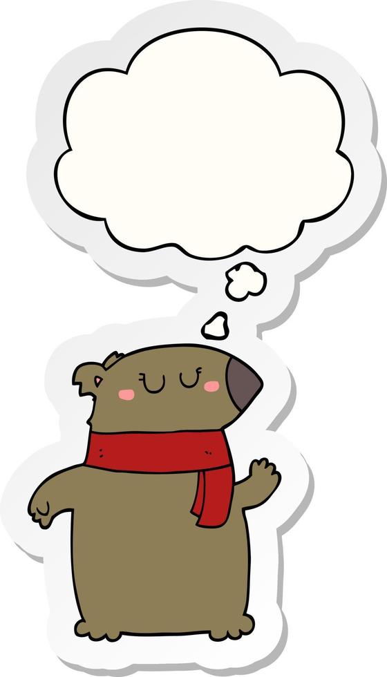 cartoon bear with scarf and thought bubble as a printed sticker vector