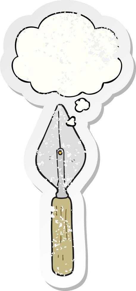 cartoon trowel and thought bubble as a distressed worn sticker vector