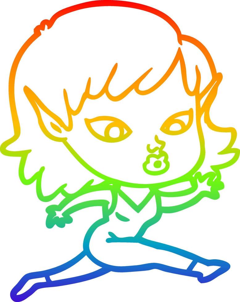 rainbow gradient line drawing pretty cartoon elf girl running vector