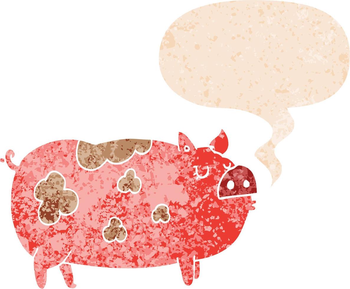 cartoon pig and speech bubble in retro textured style vector