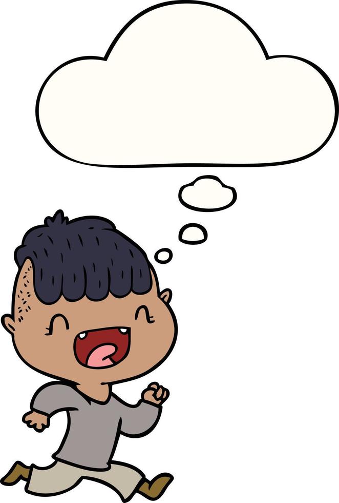 cartoon happy boy laughing and running away and thought bubble vector