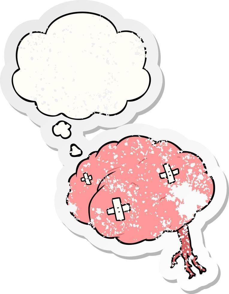 cartoon injured brain and thought bubble as a distressed worn sticker vector