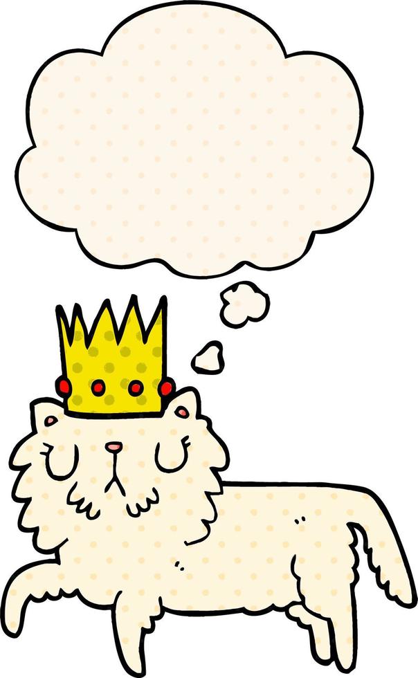 cartoon cat wearing crown and thought bubble in comic book style vector
