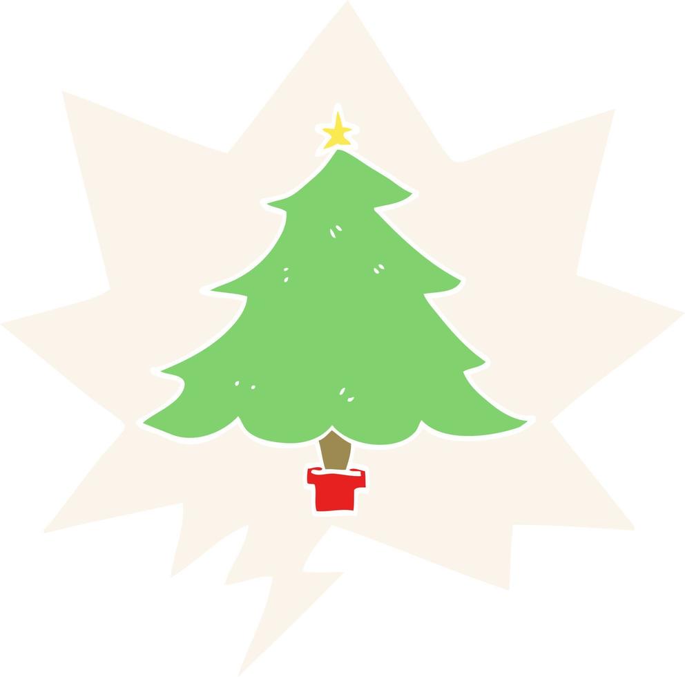 cartoon christmas tree and speech bubble in retro style vector