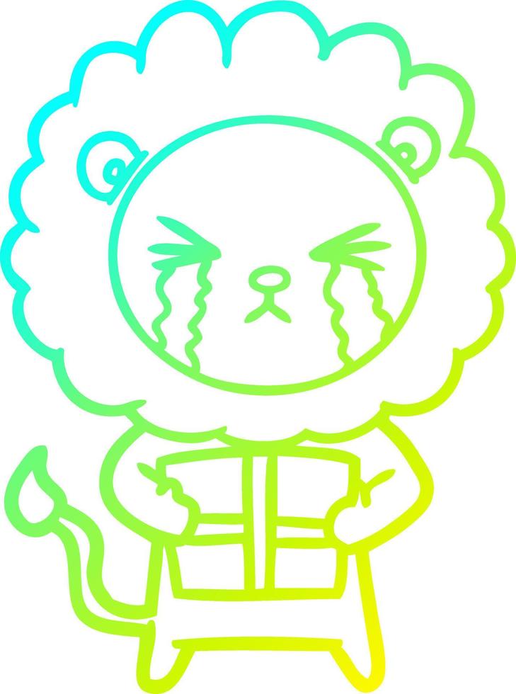 cold gradient line drawing cartoon crying lion with gift vector