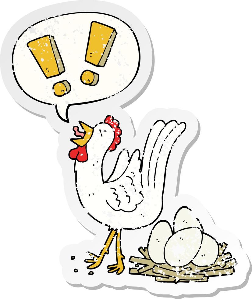 cartoon chicken laying egg and speech bubble distressed sticker vector