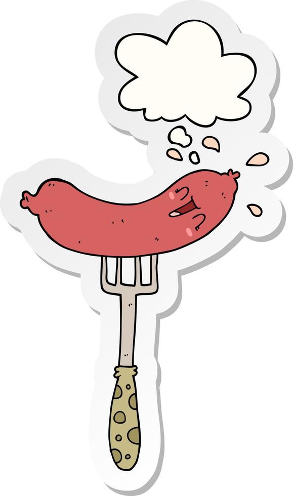 cartoon happy sausage on fork and thought bubble as a printed sticker vector